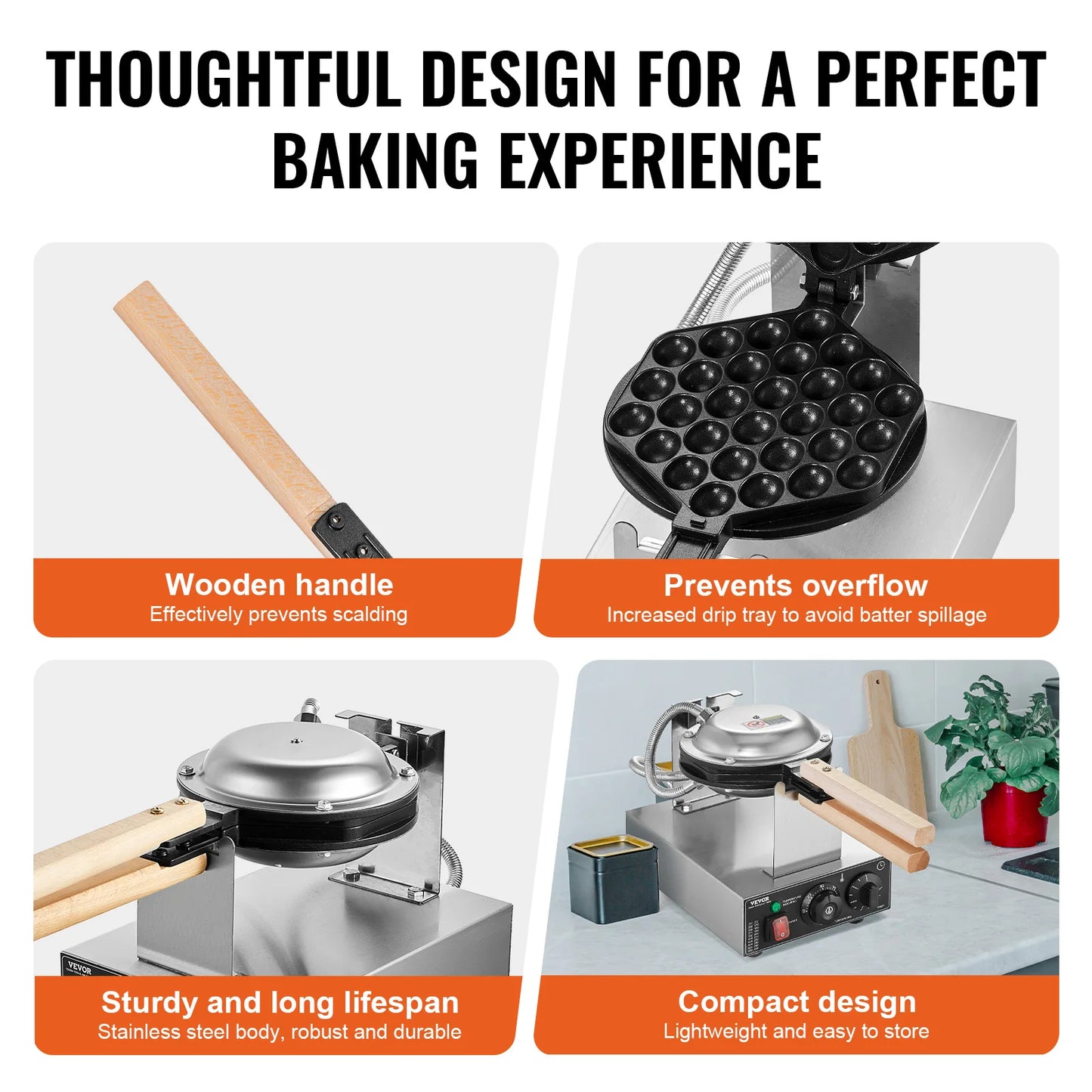 SucceBuy Commercial Egg Bubble Waffle Maker 1400W Nonstick Stainless Steel