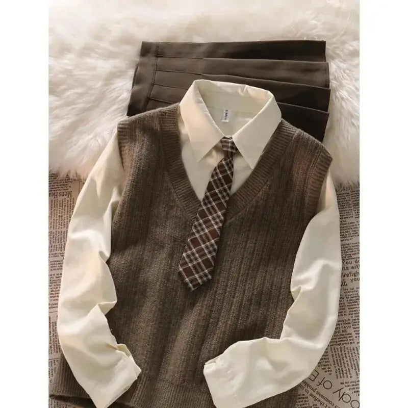 Teenage Girl Clothing Set Spring and Autumn Fashion Children's Knitted Sweater Tank Top Shirt Half Skirt 3-Piece Set JK Suit