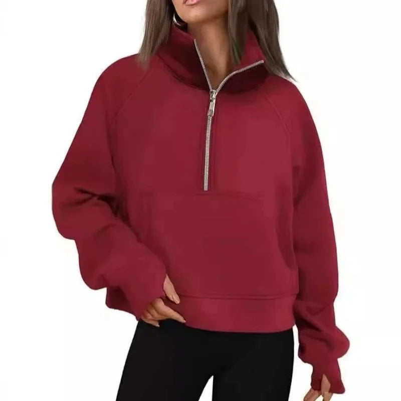 Women's Stand Collar Fleece Hoodie With Pocket Half Zip Pullover