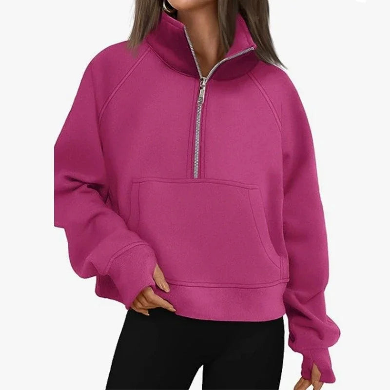 Women's Stand Collar Fleece Hoodie With Pocket Half Zip Pullover