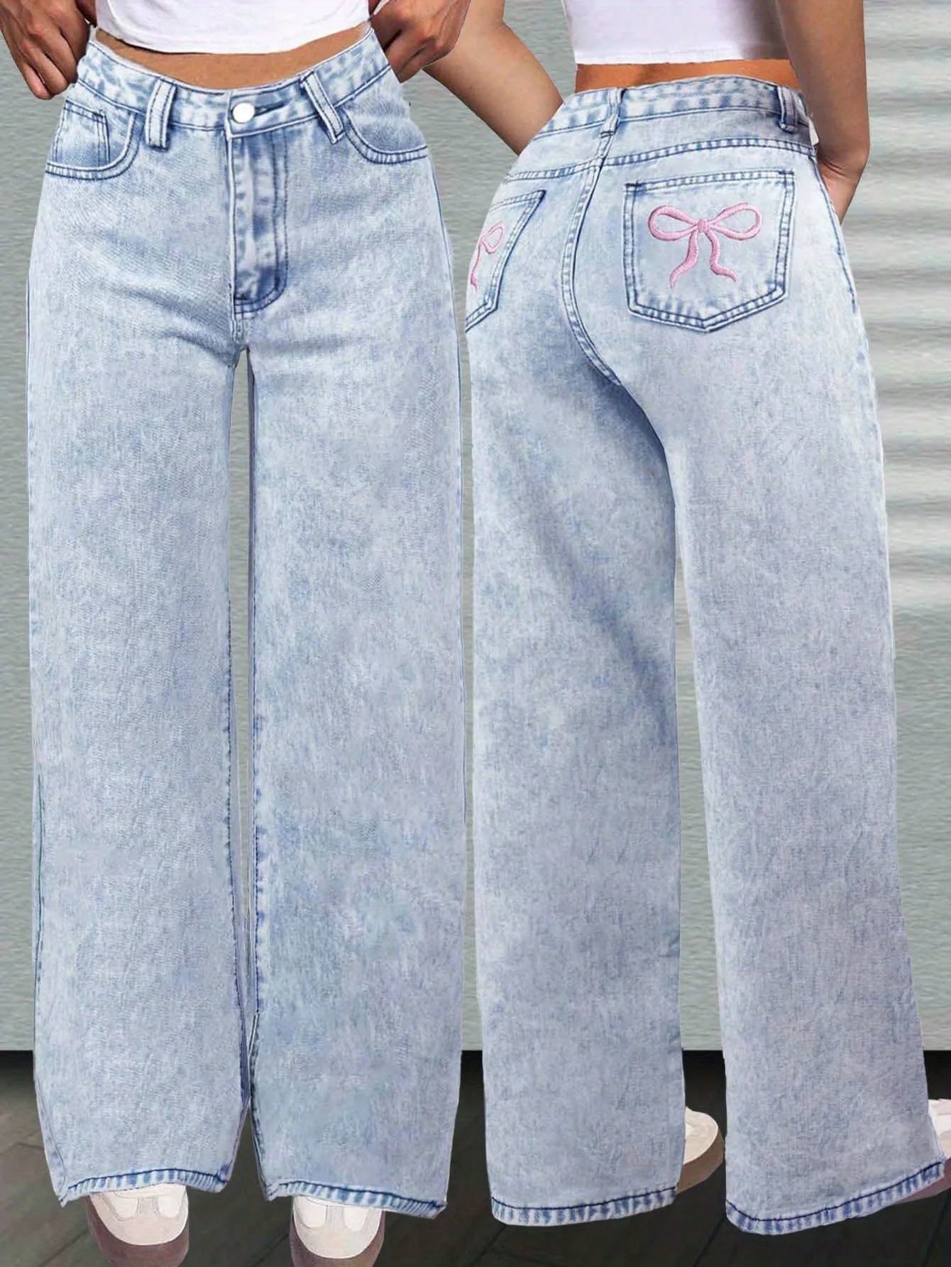 Casual Bow Embroidered Denim Jeans For Junior Girls