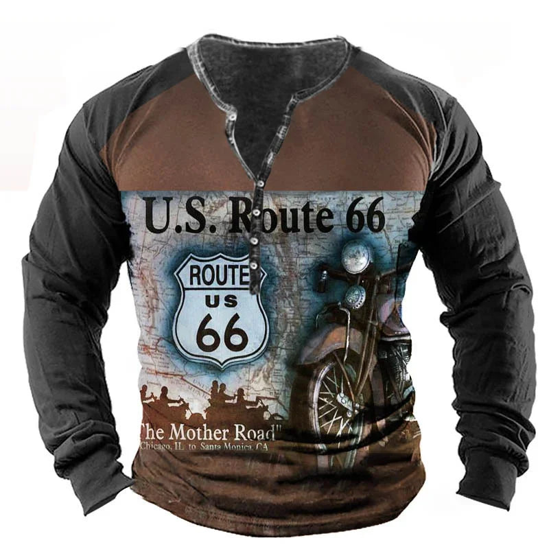 Vintage Route 66 Graphic Long Sleeve Tee Mens Casual