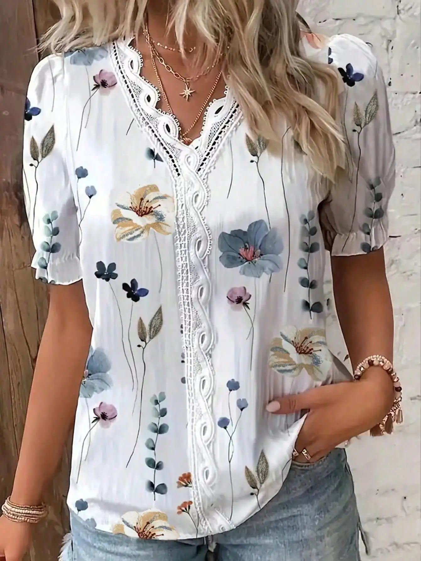 Womens Floral Print Lace Trim Puff Sleeve Top Chiffon