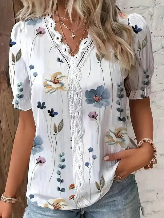 Womens Floral Print Lace Trim Puff Sleeve Top Chiffon