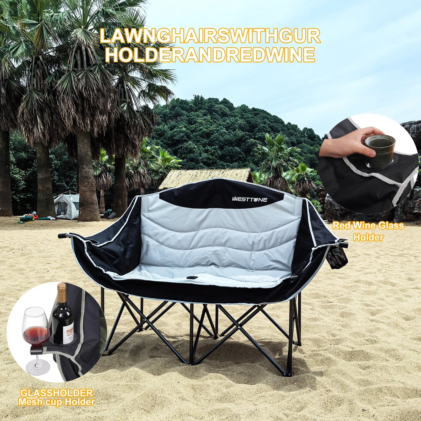WestTune Double Camping Chair Loveseat Outdoor Couch With Cup Holder