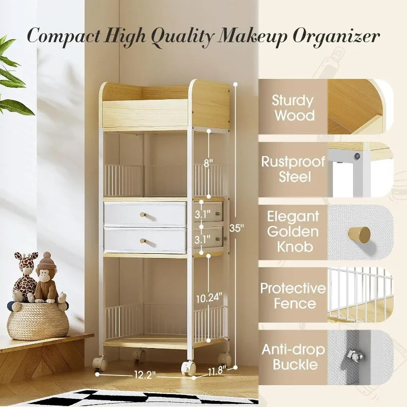 Makeup Organizer Cart With 2 Drawers Rolling Vanity Storage Bathroom