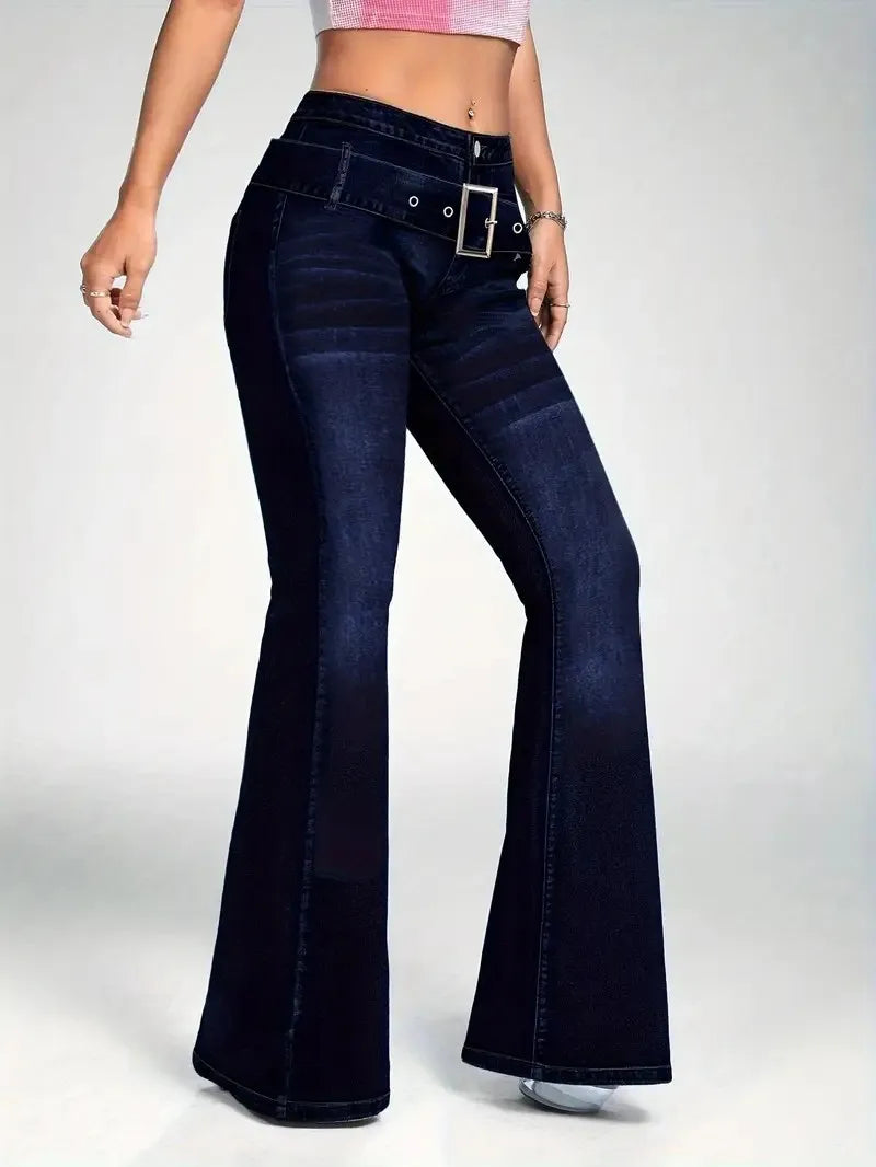Womens Slim Fit Flare Jeans With Decorative Strap Buckle