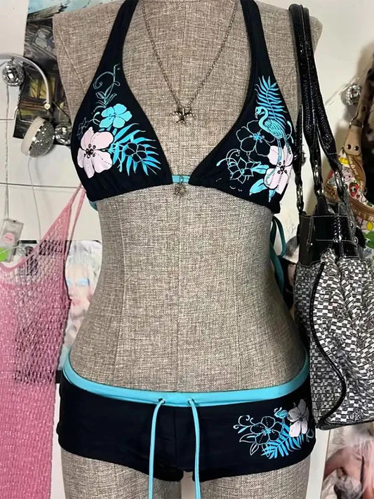 Floral Vintage Bikini Set For Women With Halter Strap
