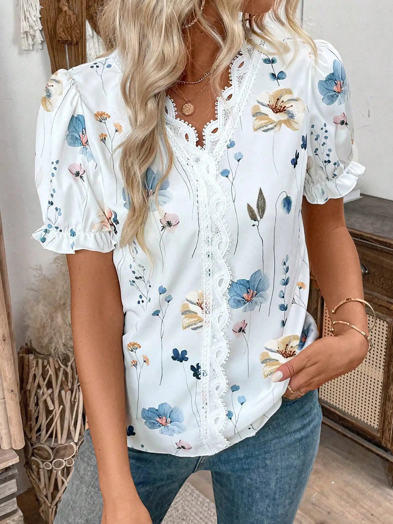 Womens Floral Print Lace Trim Puff Sleeve Top Chiffon