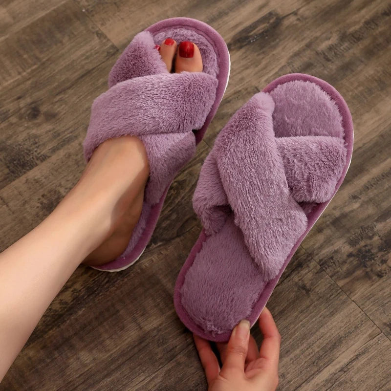 Women Cross Strap Fur Slippers Indoor Plush Home Shoes