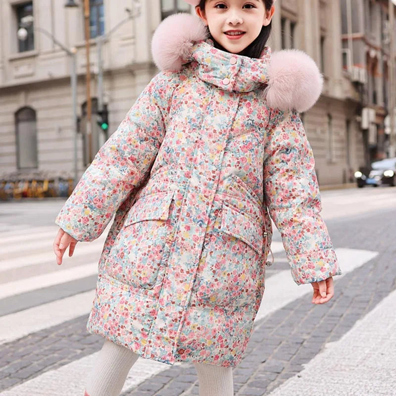 Girls Duck Down Hooded Winter Coat With Floral Print Outerwear