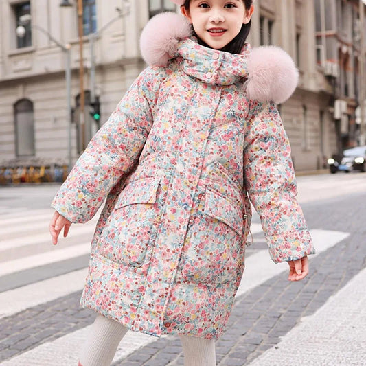 Girls Duck Down Hooded Winter Coat With Floral Print Outerwear