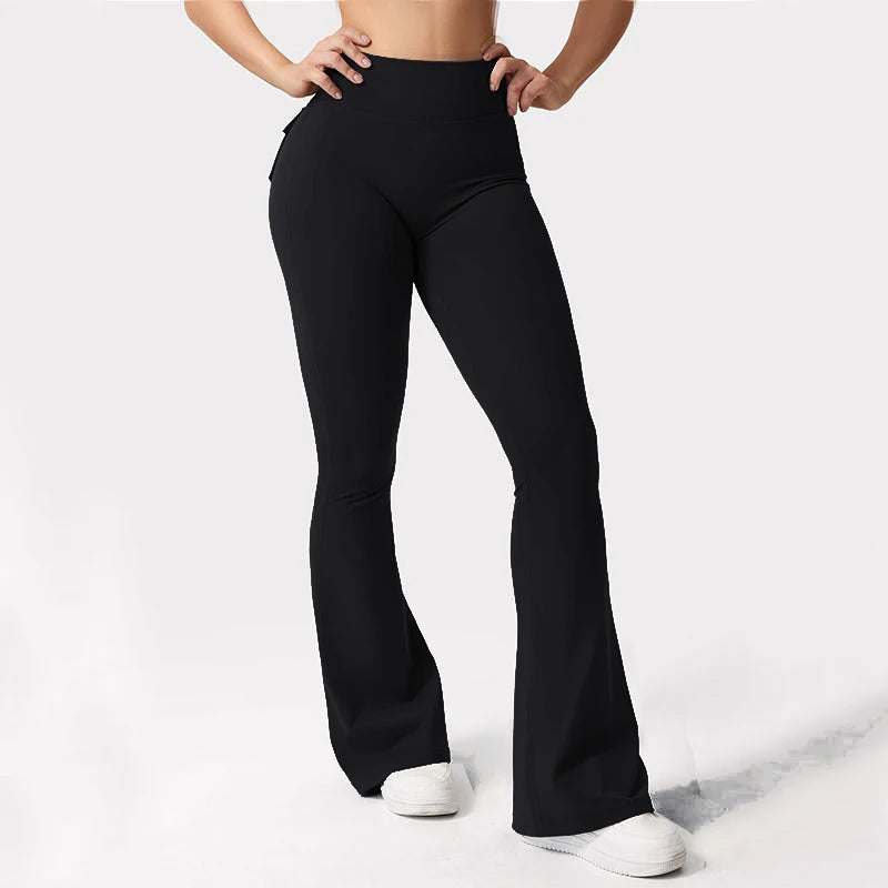 Women's Yoga Flare Trousers High-Waisted Tummy-Control Wide-Leg Pockets