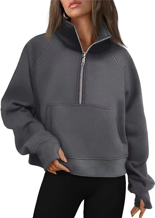 Women's Stand Collar Fleece Hoodie With Pocket Half Zip Pullover
