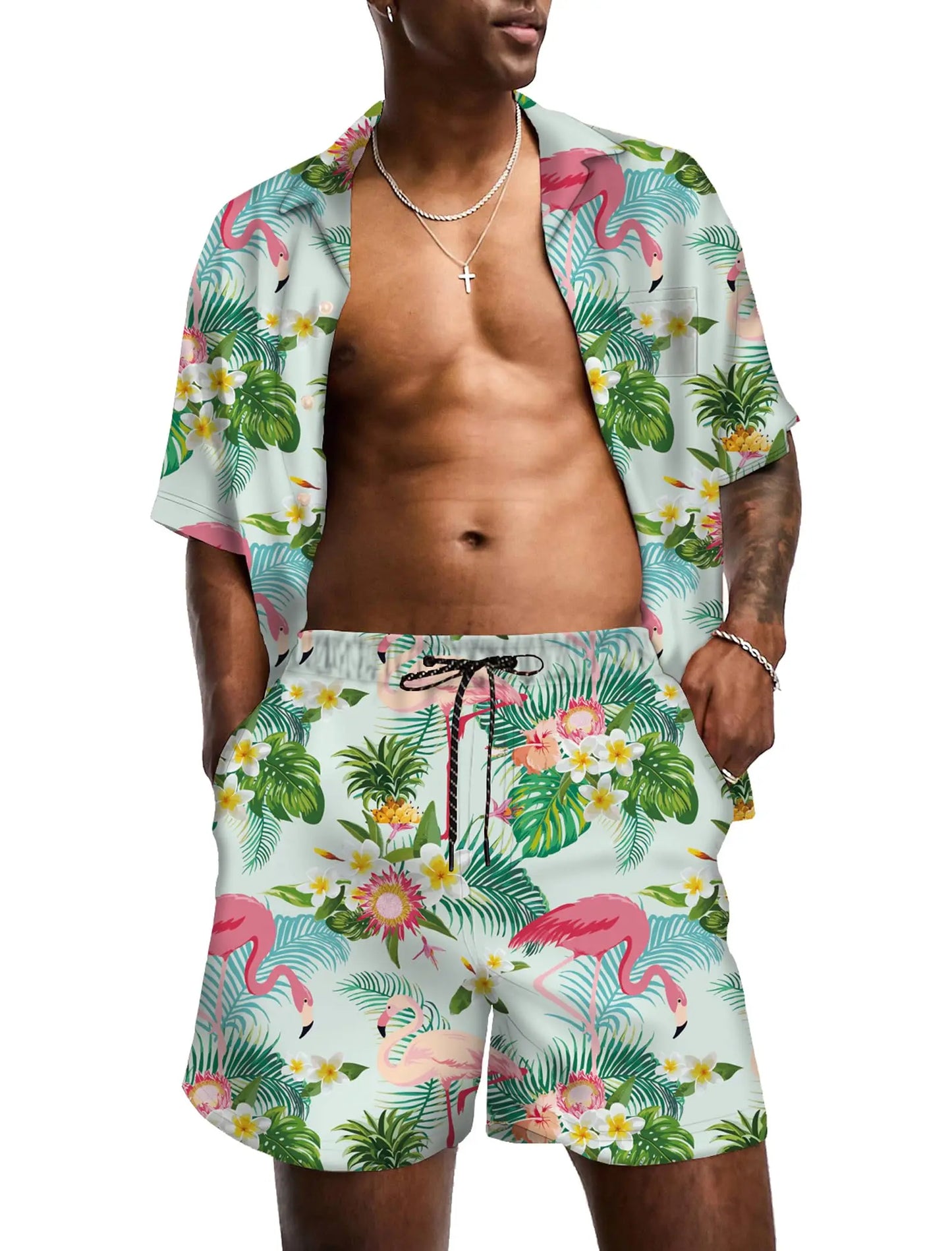 KYKU Mens Hawaiian Shirt and Short Set - Summer Short Sleeve Button Down Beach Shirts Tropical Vacation 2 Piece Outfits