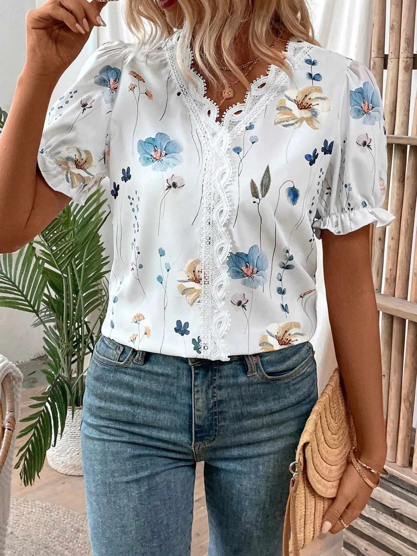 Womens Floral Print Lace Trim Puff Sleeve Top Chiffon