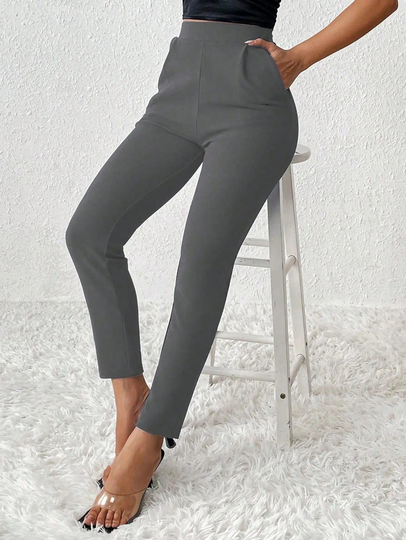 Women Slim Fit Tapered High Waist Pants With Elastic