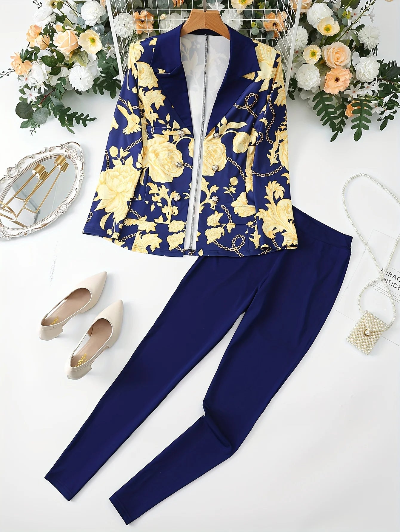 ZHUANIECN Urban Floral Digital Print Knit Pant Suit Set