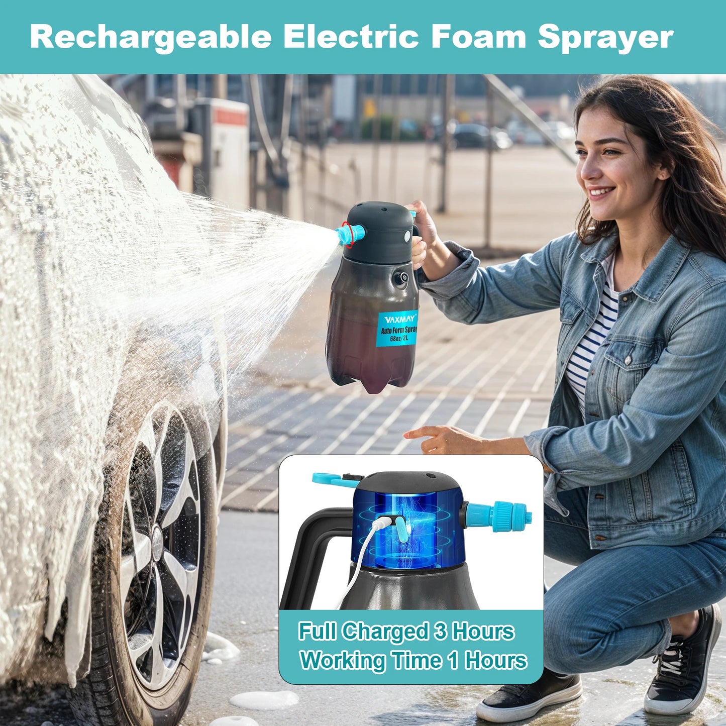 2L Electric Foam Sprayer For Car Wash, Cordless Battery Powered