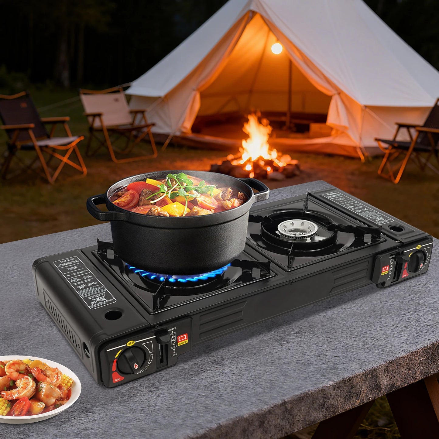 2 Burner Portable Camping Stove Kit With Baking Pan