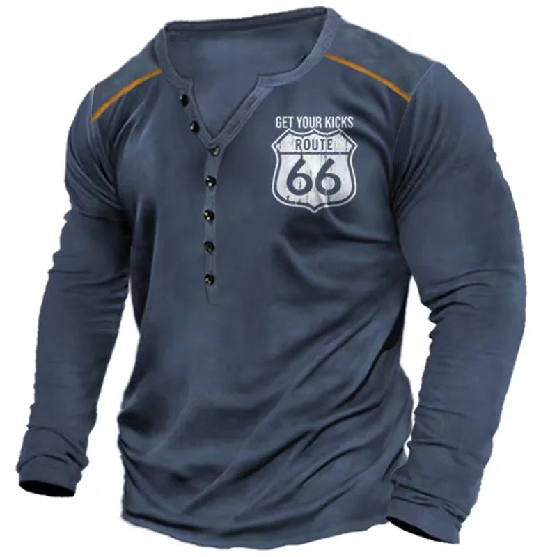 Vintage Route 66 Graphic Long Sleeve Tee Mens Casual
