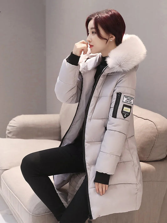 Winter Warm Fur Collar Hooded Parka For Women With Zipper Pockets
