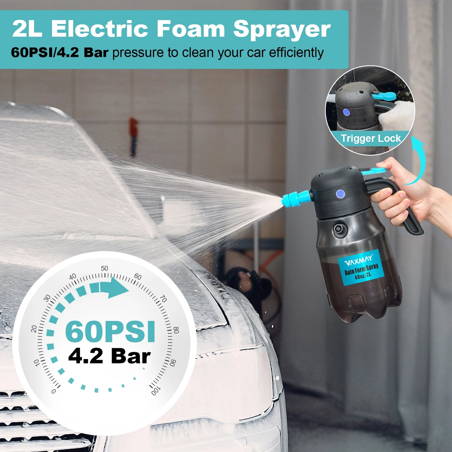 2L Electric Foam Sprayer For Car Wash, Cordless Battery Powered
