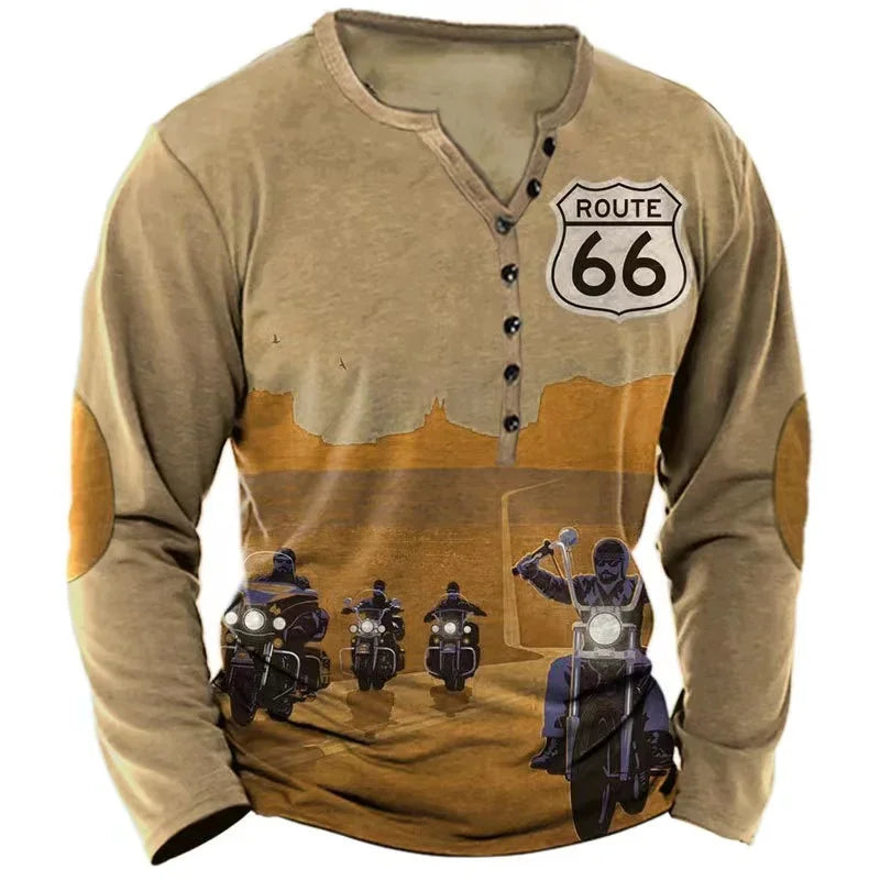 Vintage Route 66 Graphic Long Sleeve Tee Mens Casual