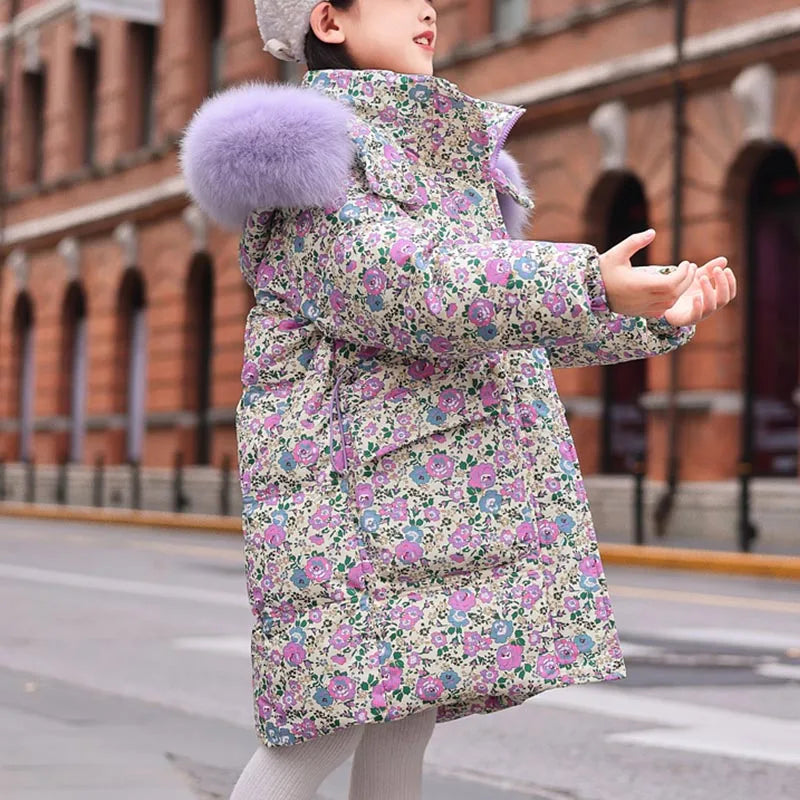 Girls Duck Down Hooded Winter Coat With Floral Print Outerwear