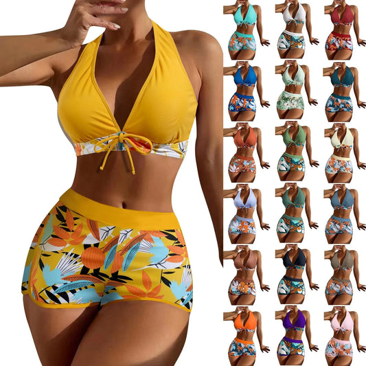 Women High Waist Bikinis Set Plant Print Two Piece Swimwear