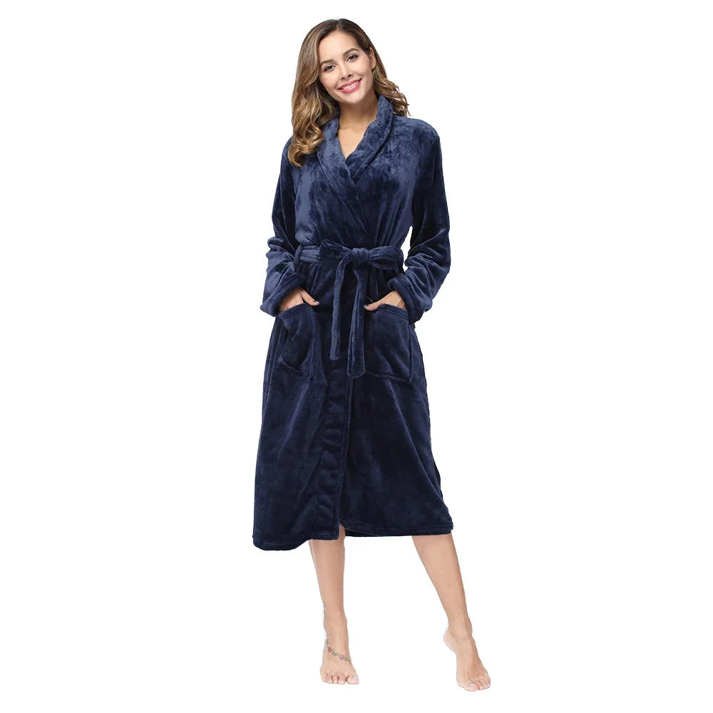 RONGTAICN Women's Winter Flannel Bathrobe Lapel Long Sleeve