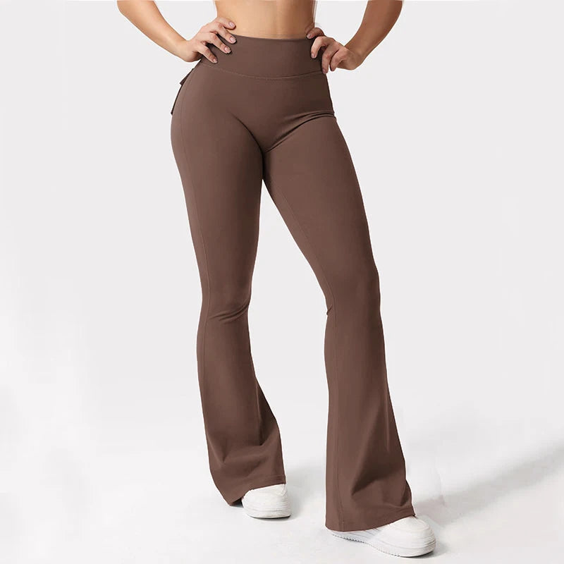 Women's Yoga Flare Trousers High-Waisted Tummy-Control Wide-Leg Pockets