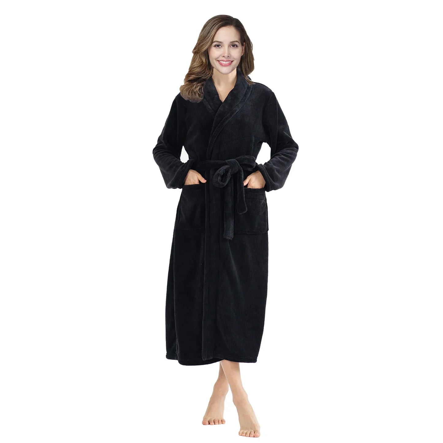 RONGTAICN Women's Winter Flannel Bathrobe Lapel Long Sleeve