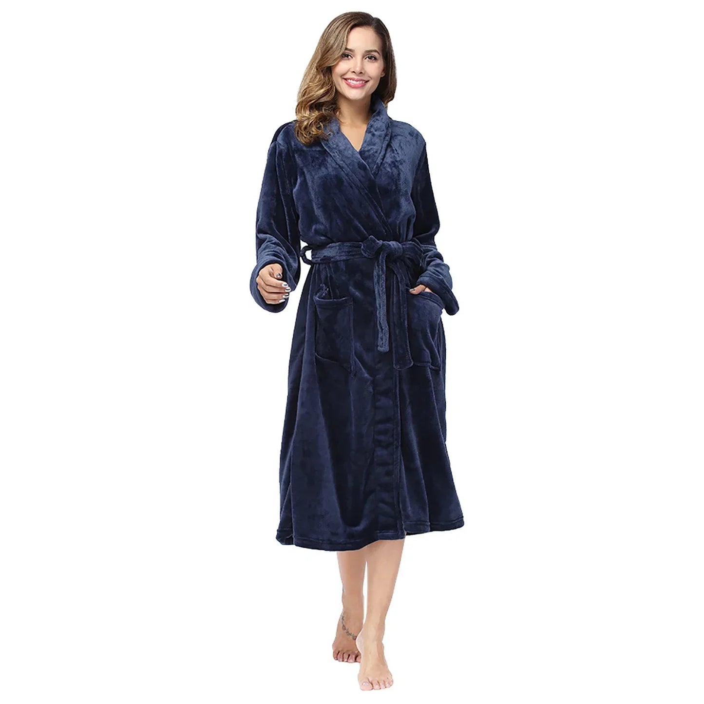 RONGTAICN Women's Winter Flannel Bathrobe Lapel Long Sleeve