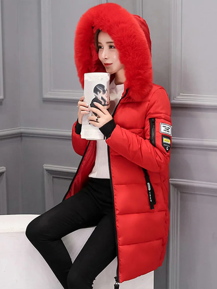 Winter Warm Fur Collar Hooded Parka For Women With Zipper Pockets