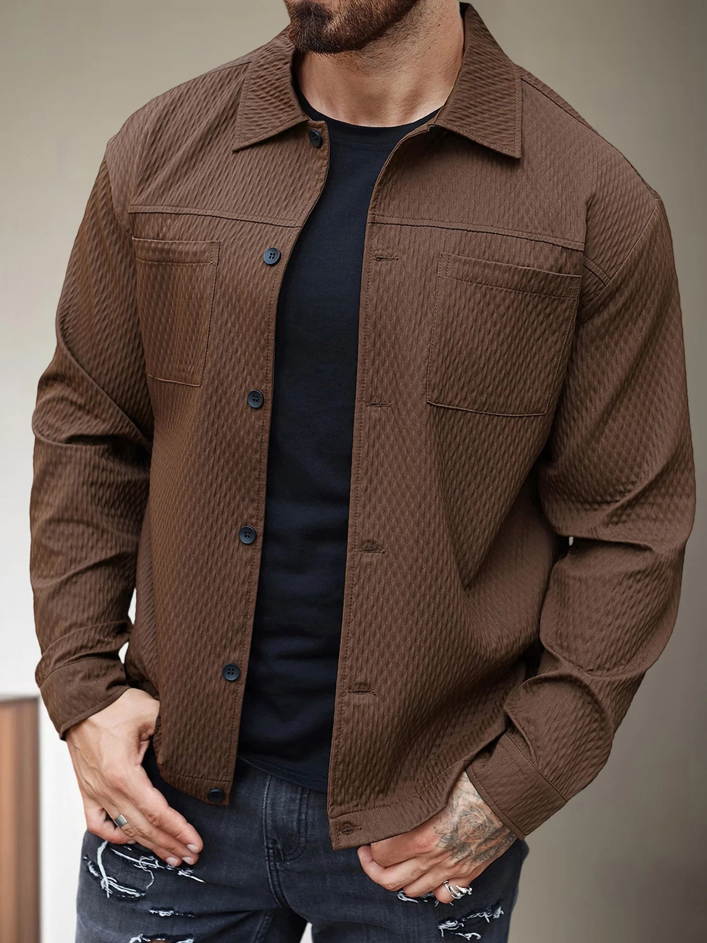 Men's Casual Shirt Jacket Regular Fit Long Sleeve Button Up
