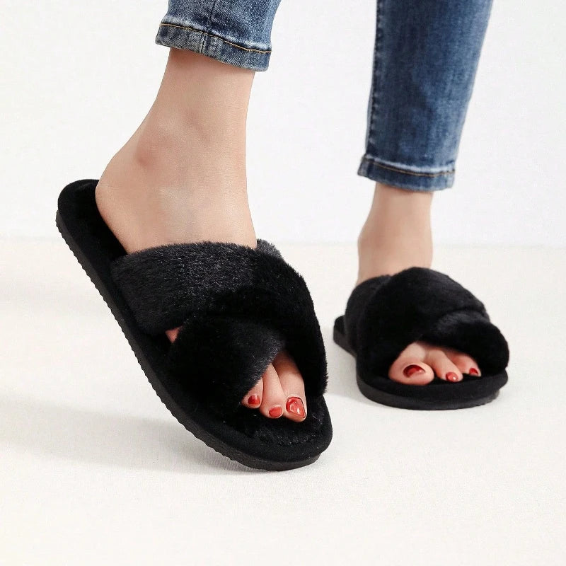 Women Cross Strap Fur Slippers Indoor Plush Home Shoes