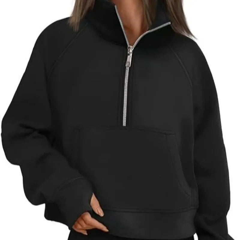 Women's Stand Collar Fleece Hoodie With Pocket Half Zip Pullover