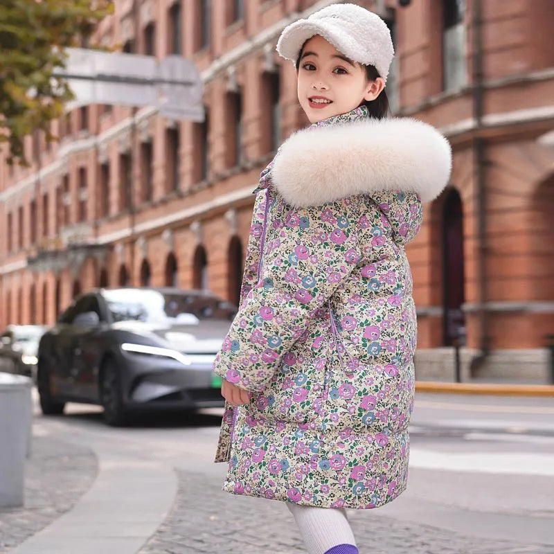 Girls Duck Down Hooded Winter Coat With Floral Print Outerwear