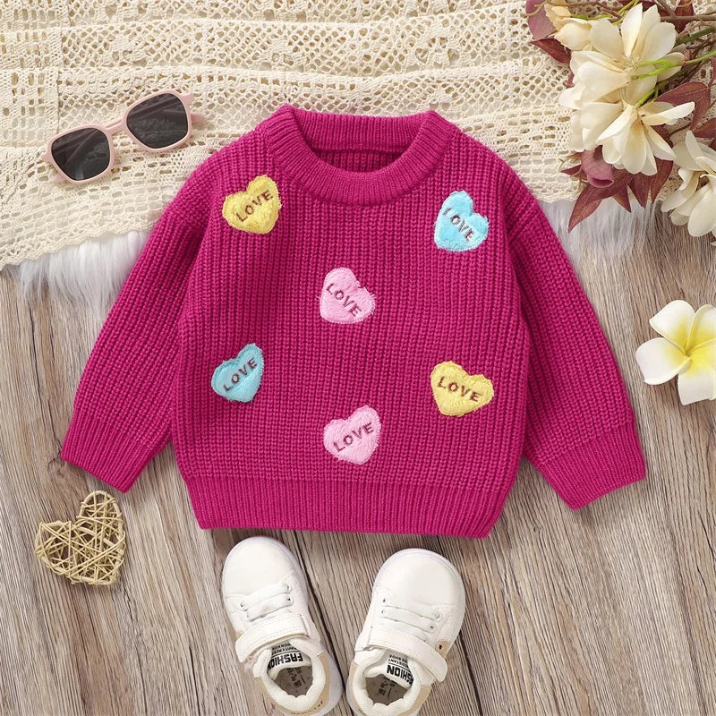 Valentines Day Toddler Heart Pattern Knit Sweater Round Neck