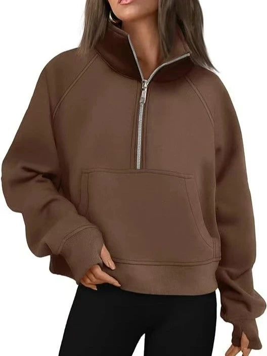 Women's Stand Collar Fleece Hoodie With Pocket Half Zip Pullover