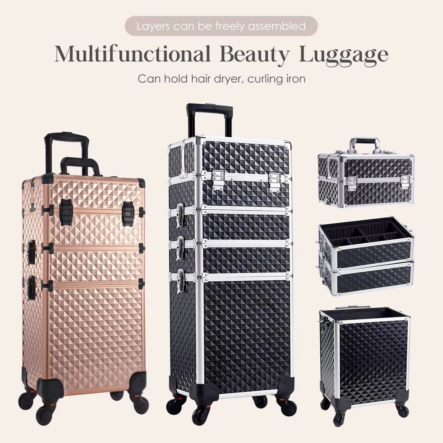Maxulene Makeup Trolley Case 4 In 1 Detachable Alloy On Wheels