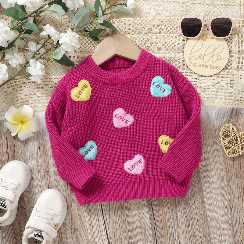 Valentines Day Toddler Heart Pattern Knit Sweater Round Neck