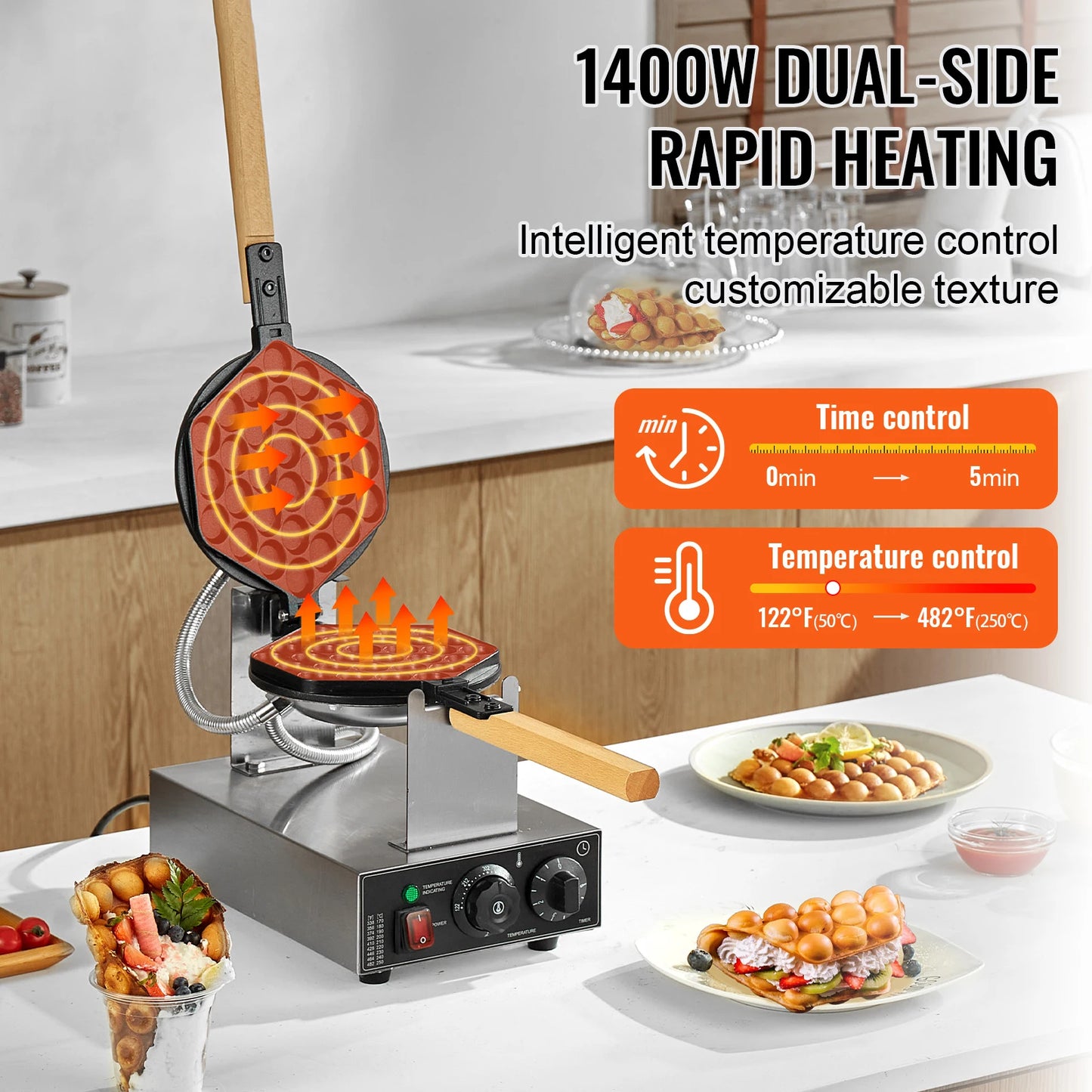 SucceBuy Commercial Egg Bubble Waffle Maker 1400W Nonstick Stainless Steel