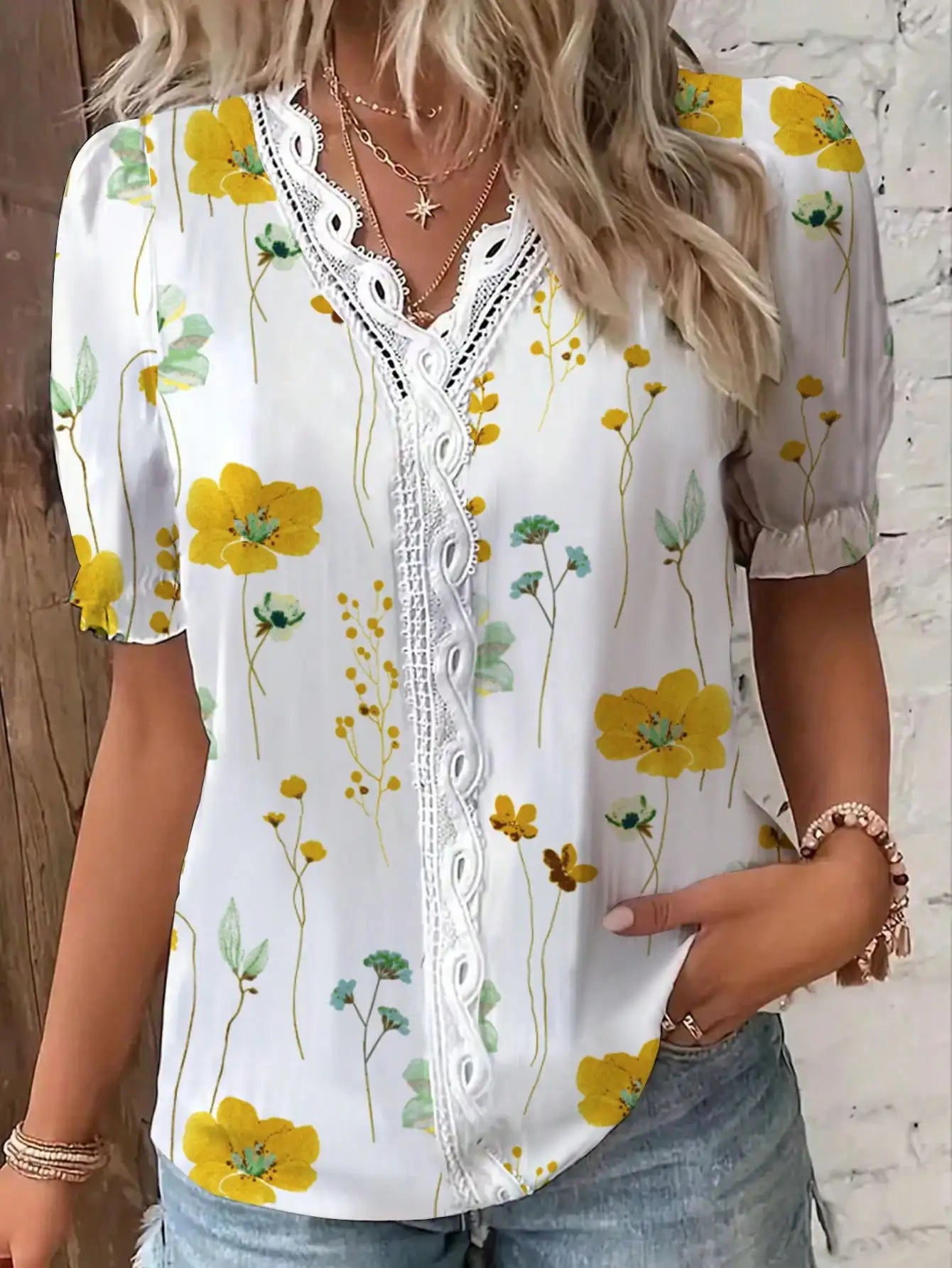 Womens Floral Print Lace Trim Puff Sleeve Top Chiffon