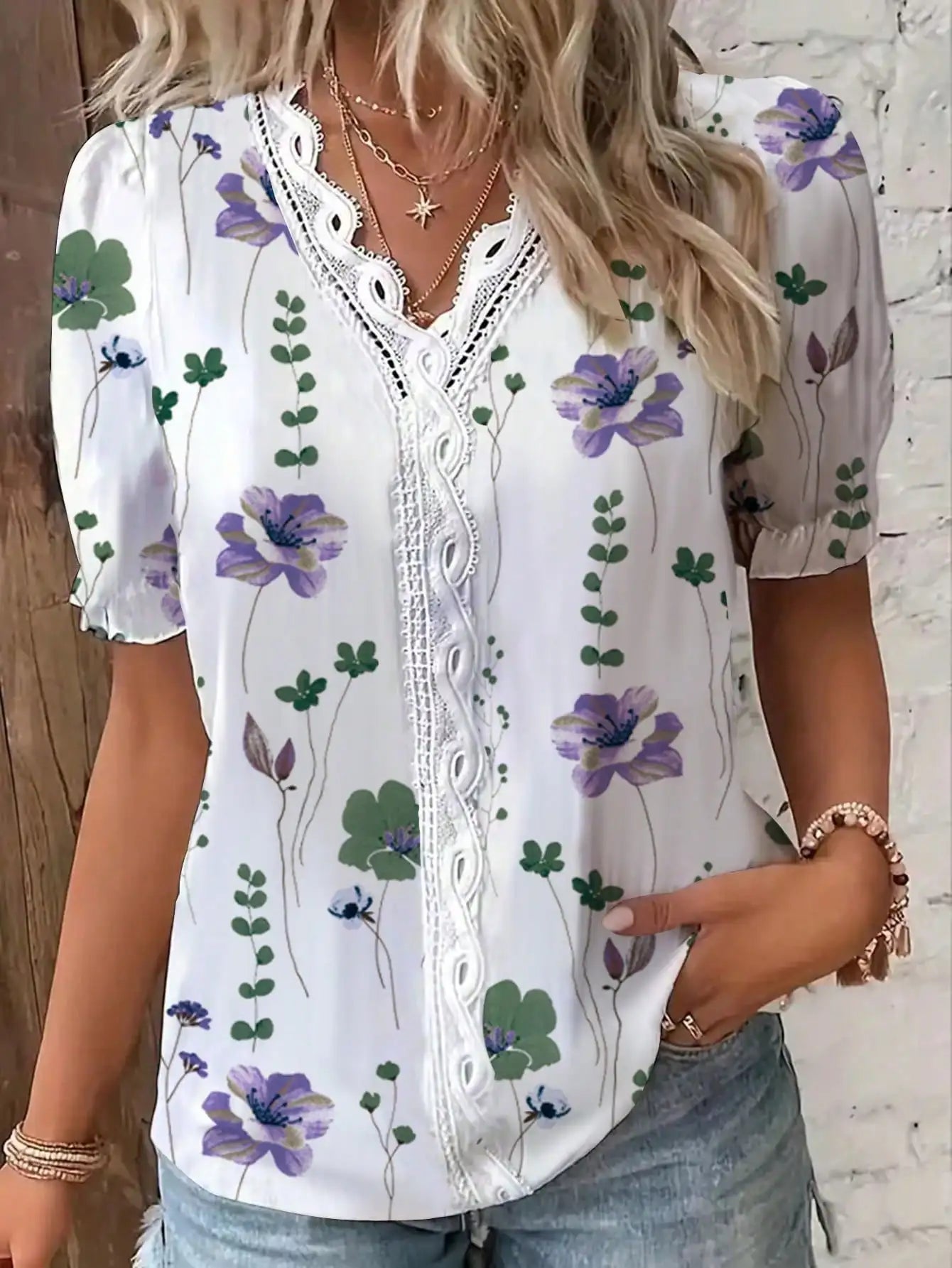 Womens Floral Print Lace Trim Puff Sleeve Top Chiffon