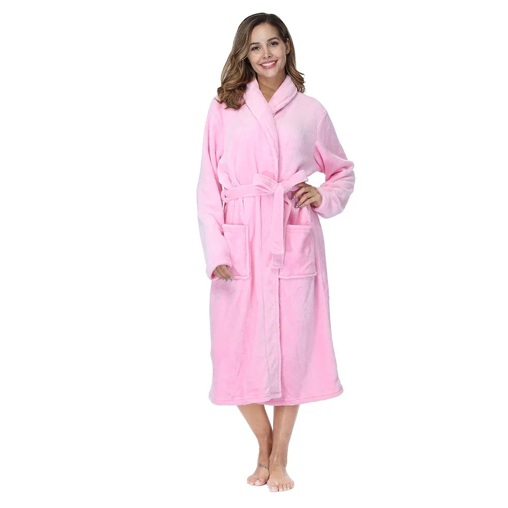 RONGTAICN Women's Winter Flannel Bathrobe Lapel Long Sleeve