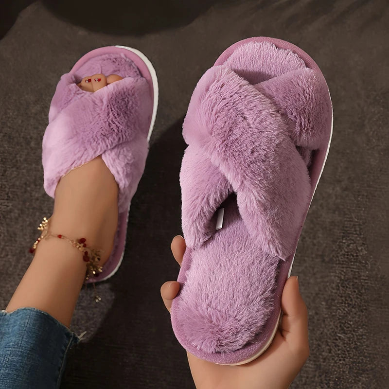Women Cross Strap Fur Slippers Indoor Plush Home Shoes