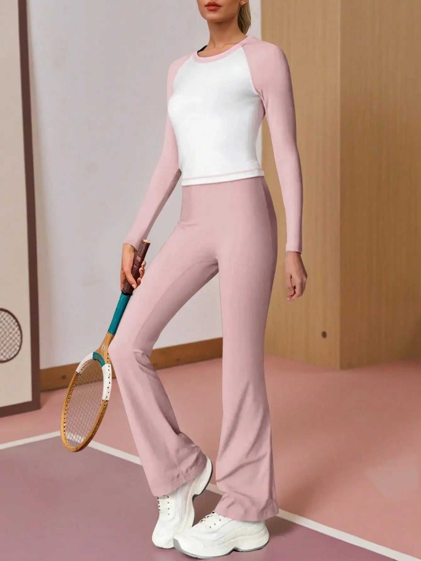 Fisoew Women Contrast Color Top And Flare Pants Sports Set