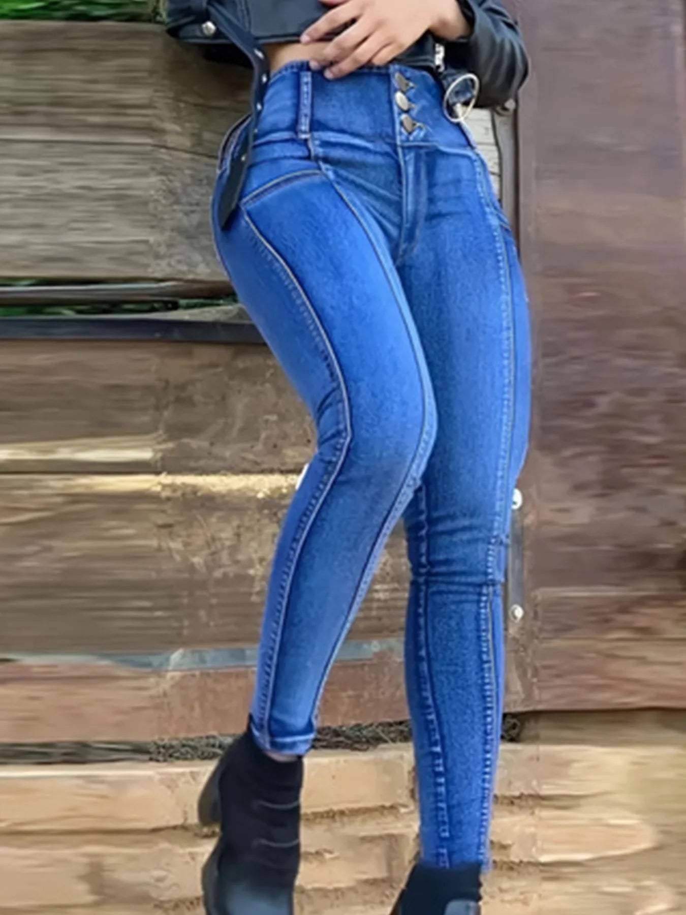 Ladies High Waisted Button Fly Slim Fit Denim Jeans